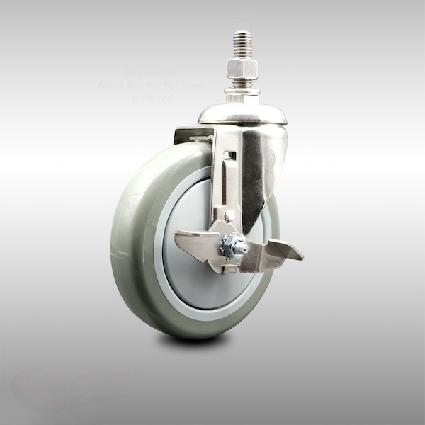 Service Caster 5 Inch 316SS Gray Polyurethane Swivel 12mm Threaded Stem Caster with Brake SCC-SS316TS20S514-PPUB-TLB-M1215 - main